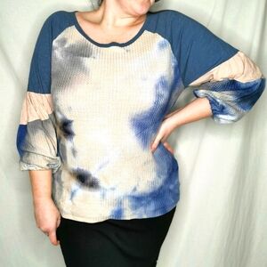 Free People Byron Bay tie dye waffle knit balloon sleeve top